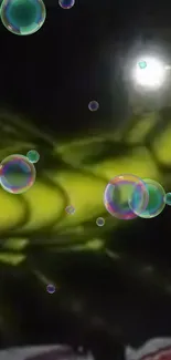 Green and black abstract wallpaper with colorful floating bubbles.