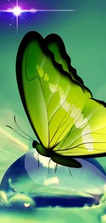 Green butterfly perched on dewdrop in artistic wallpaper design.