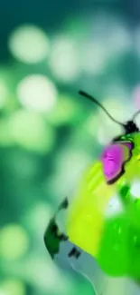 Vibrant green butterfly with blurred natural background.