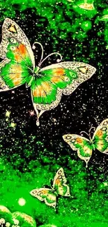 Vibrant green butterfly with floral elements in neon style.