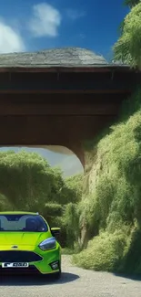 A vivid green car parked under a lush, scenic bridge in nature.