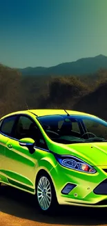 Bright lime green car against a scenic natural backdrop.