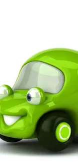 Vibrant green cartoon car with smiling face.