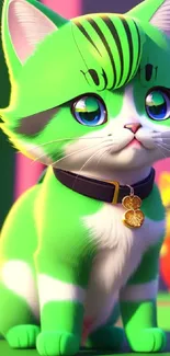 Cute green cartoon cat with big blue eyes on a colorful background.