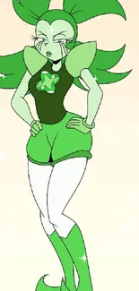 Cartoon character in vibrant green attire with dynamic style.