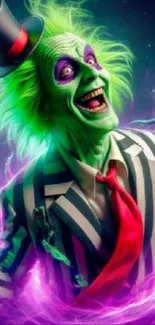 Joker-inspired character with green hair in a vibrant suit.