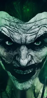 Menacing green character portrait wallpaper with intense, dark features.