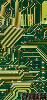 Close-up view of a green circuit board, showcasing intricate electronic patterns.