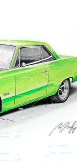 Vibrant green classic car illustration on white background.