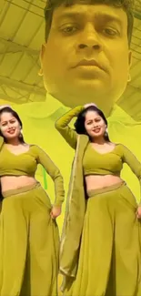 Vibrant dance duo in green outfits with an olive green background.