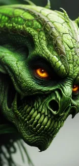 Vivid green dragon art with striking orange eyes.