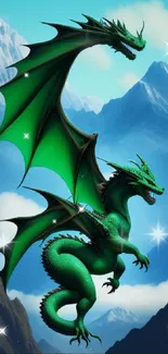 A green dragon soars above mountains, casting shadows.