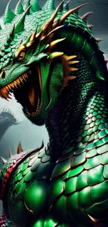 Mobile wallpaper of a vibrant green dragon with intricate scales.