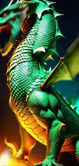 Vibrant green dragon with fiery background on a mobile wallpaper.