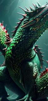 Vibrant green dragon with red wings in a dark cavern.