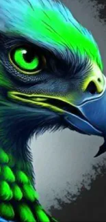 Vibrant green and blue eagle artwork with striking detail and color.