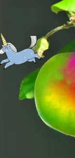 Surreal green apple with unicorn and rainbow hues on a mobile wallpaper.