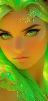 Vibrant neon green fantasy art wallpaper with an enchanting character.