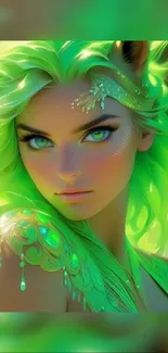 Vibrant green-haired fantasy character on mobile wallpaper.