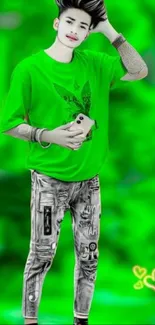 Vibrant green fashion wallpaper with urban style.