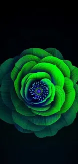 Vibrant green flower art design on black background.