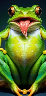 A vibrant green frog sitting with its tongue out on a navy background.