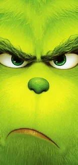 Vibrant green furry animated character with expressive features on a mobile wallpaper.