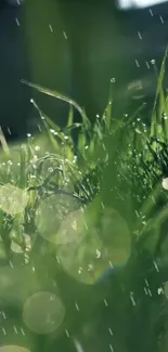 Close-up of green grass with dew and sunlight for mobile wallpaper.