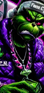 Grinch-inspired vibrant artwork with green and purple colors.