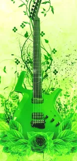 Green guitar with leaf art design background.