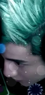 Green hair styled in modern artistic fashion on dark background.