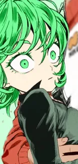 Vibrant anime character with green hair in dynamic pose.