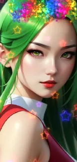 Anime girl with green hair and colorful crown in digital art style.