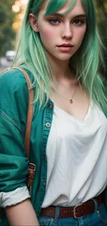Portrait of a woman with green hair outdoors.