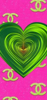 Vibrant green heart on pink with gold symbols mobile wallpaper.