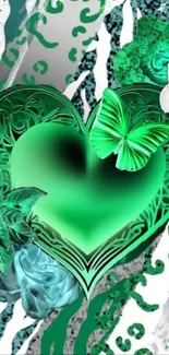 Green heart with flowers and butterfly design wallpaper.