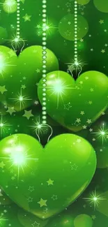 Vibrant green hearts with glowing stars on a lively background.