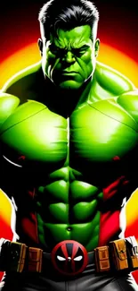 Green superhero with muscular build and vibrant background.