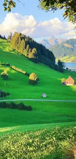 Vibrant green hills with trees and a serene sky, perfect for phone wallpaper.