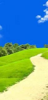 Vibrant green hills under a bright blue sky.