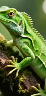 Close-up of vibrant green iguana on tree branch.