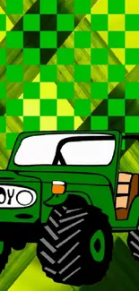 Cartoon jeep on vibrant green leaf background with geometric pattern.