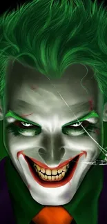 Vibrant Joker illustration with green tones on a mobile screen.