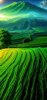 Vibrant green landscape with fields and mountain under a starry sky.