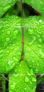 Close-up of green leaves with dew droplets and digital effects.