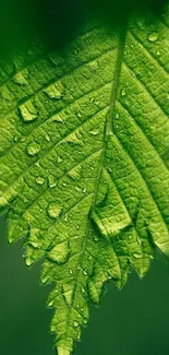 Close-up of a green leaf with water droplets, perfect for mobile wallpaper.