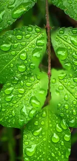 Fresh green leaves with water droplets mobile wallpaper.