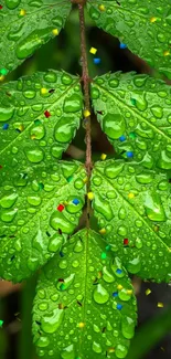 Close-up of green leaves with dew drops, highlighting natural beauty.