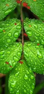 Close-up of vibrant green leaves with water droplets.