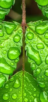 Close-up of a vibrant green leaf with dew drops on a mobile wallpaper.